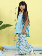 Blue stripped sleeveless kurti with Floral sharara and jacket