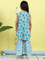 Blue stripped sleeveless kurti with Floral sharara and jacket