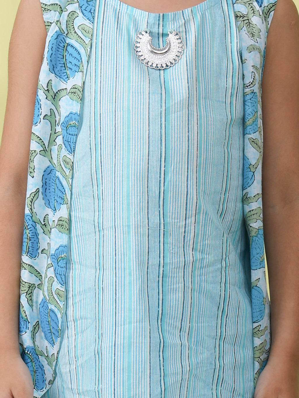 Blue stripped sleeveless kurti with Floral sharara and jacket