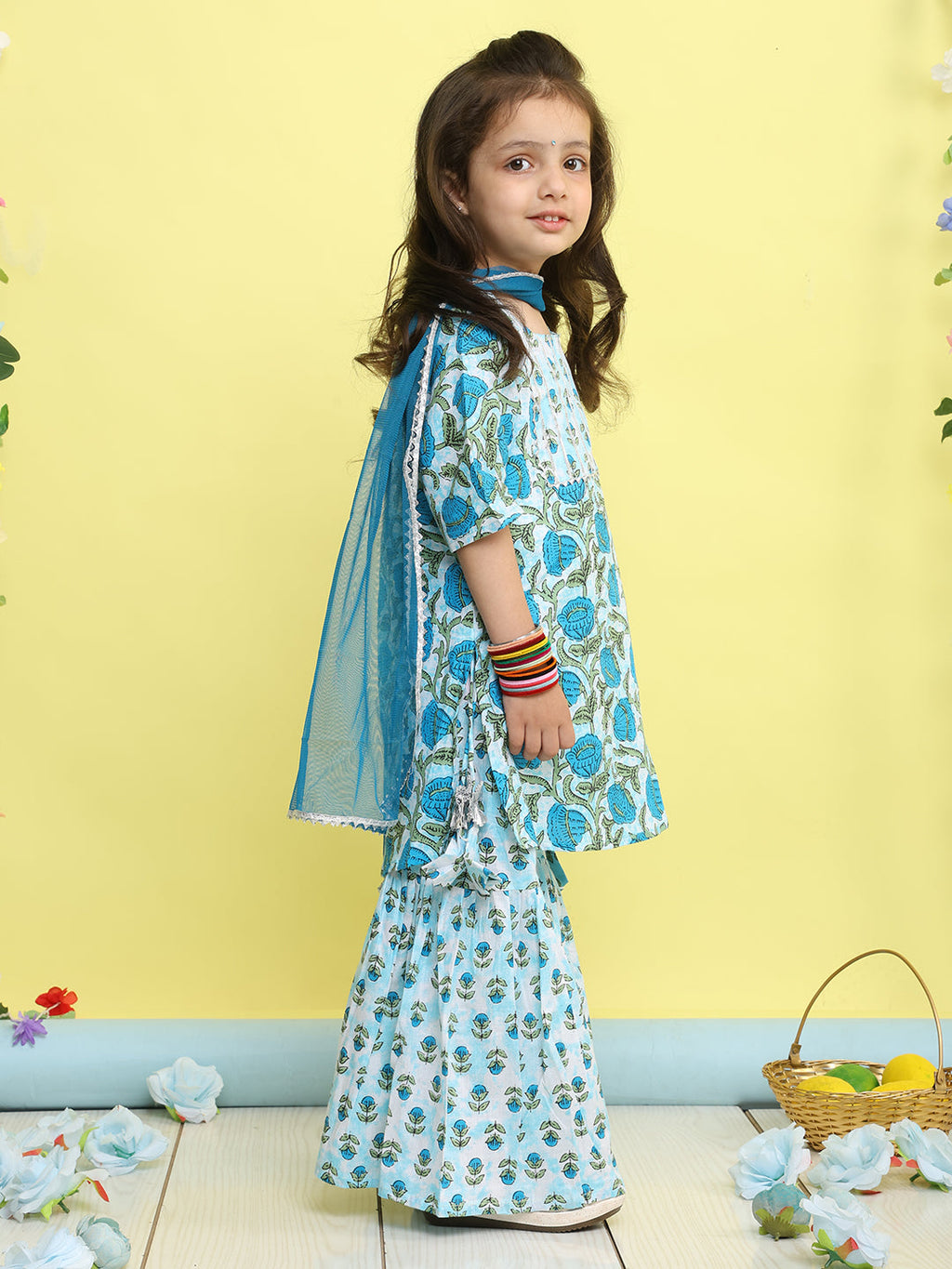 Blue 3/4 sleeves printed Kurti with blue sharara pant and dupatta