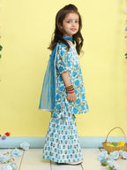 Blue 3/4 sleeves printed Kurti with blue sharara pant and dupatta