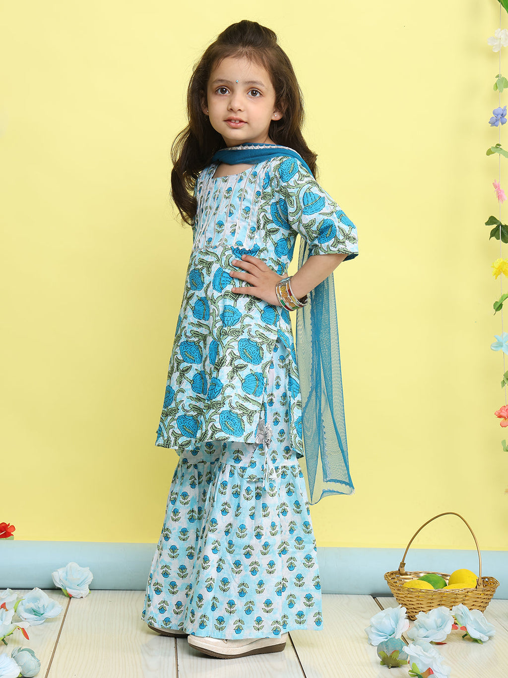 Blue 3/4 sleeves printed Kurti with blue sharara pant and dupatta