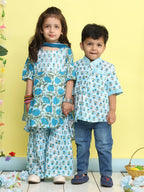 Blue 3/4 sleeves printed Kurti with blue sharara pant and dupatta