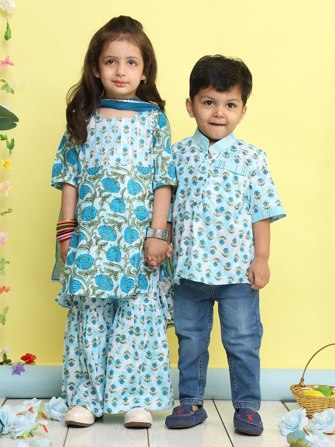 Blue 3/4 sleeves printed Kurti with blue sharara pant and dupatta