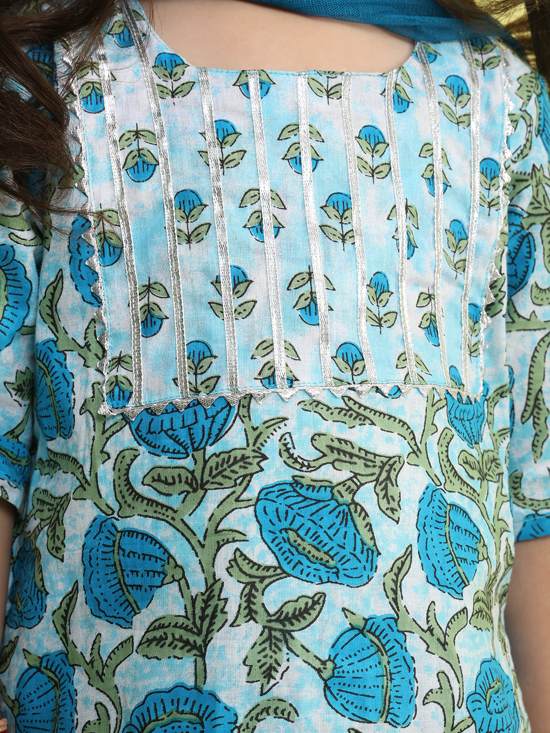 Blue 3/4 sleeves printed Kurti with blue sharara pant and dupatta