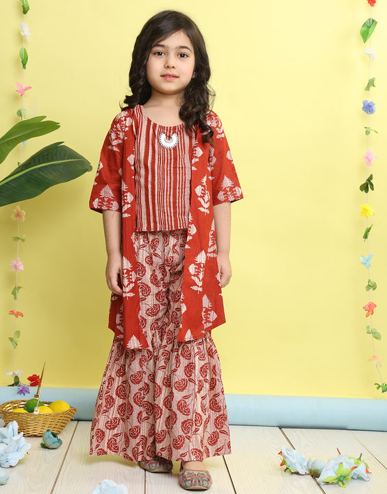 Red stripped sleeveless top with Floral sharara and jacket