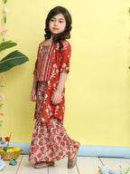 Red stripped sleeveless top with Floral sharara and jacket