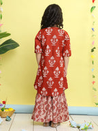 Red stripped sleeveless top with Floral sharara and jacket