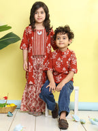 Red stripped sleeveless top with Floral sharara and jacket