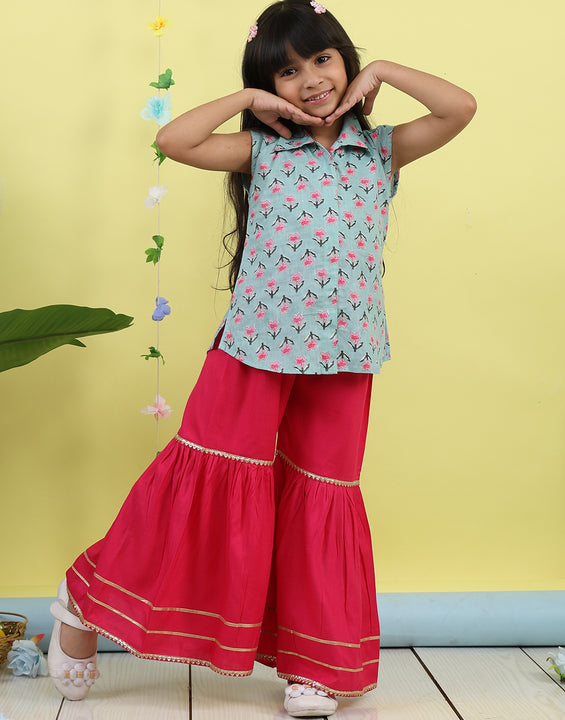 Green sleeveless collar kurti with pink Sharara