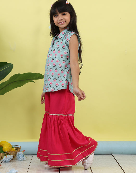 Green sleeveless collar kurti with pink Sharara