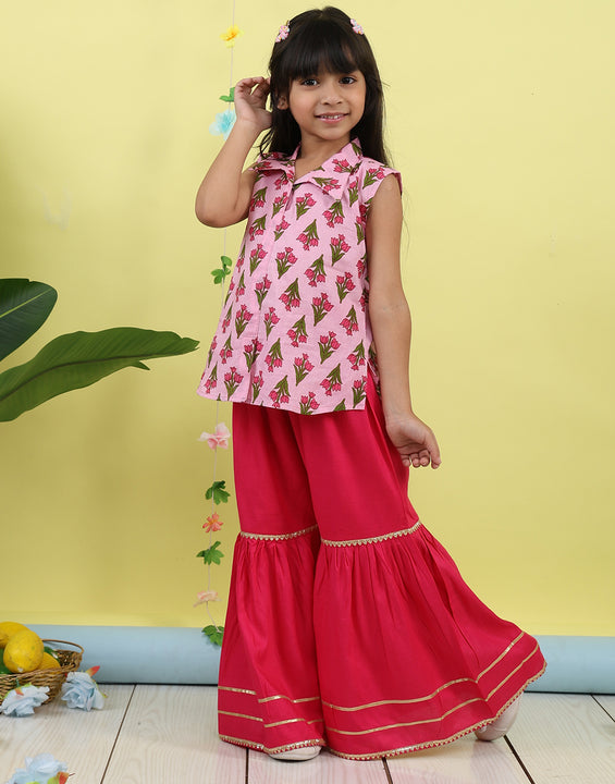 Pink sleeveless collar kurti with pink Sharara
