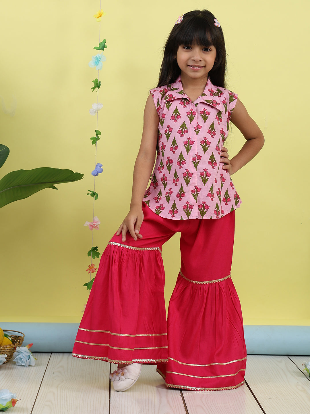 Pink sleeveless collar kurti with pink Sharara