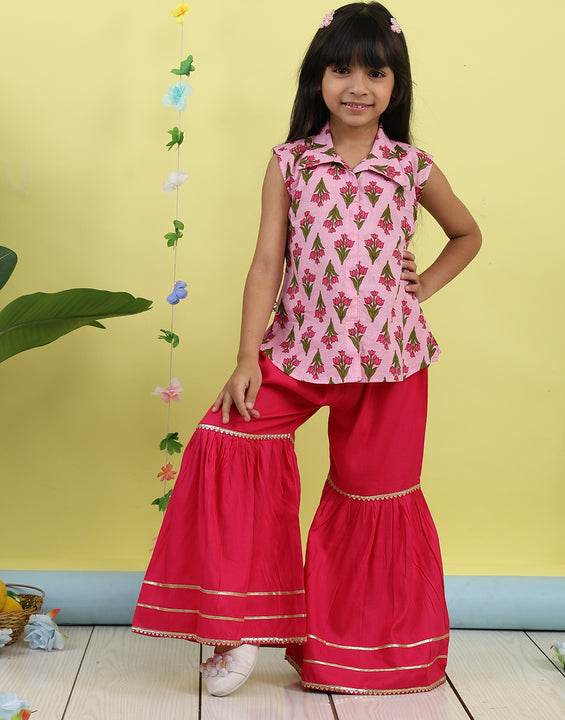 Pink sleeveless collar kurti with pink Sharara
