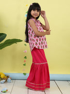 Pink sleeveless collar kurti with pink Sharara