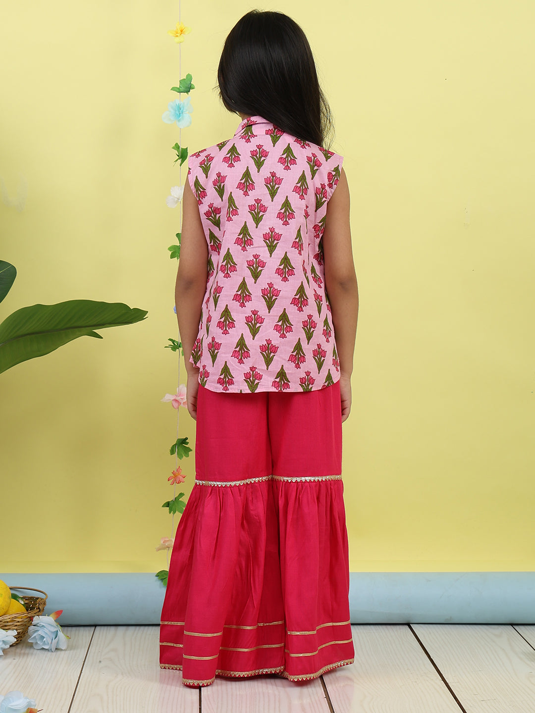 Pink sleeveless collar kurti with pink Sharara