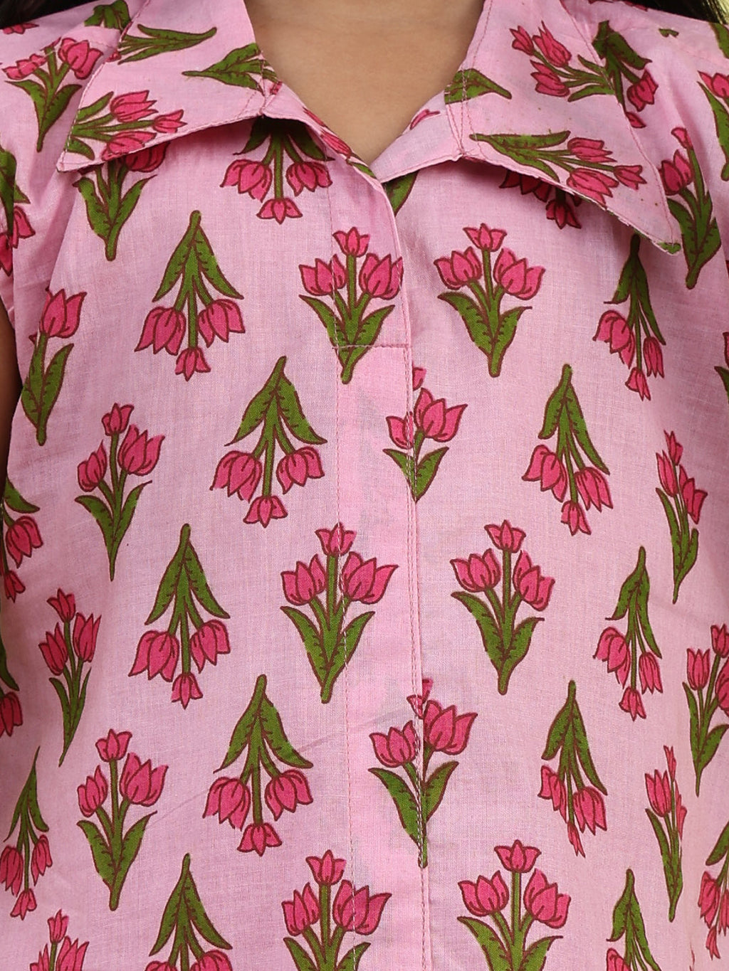 Pink sleeveless collar kurti with pink Sharara