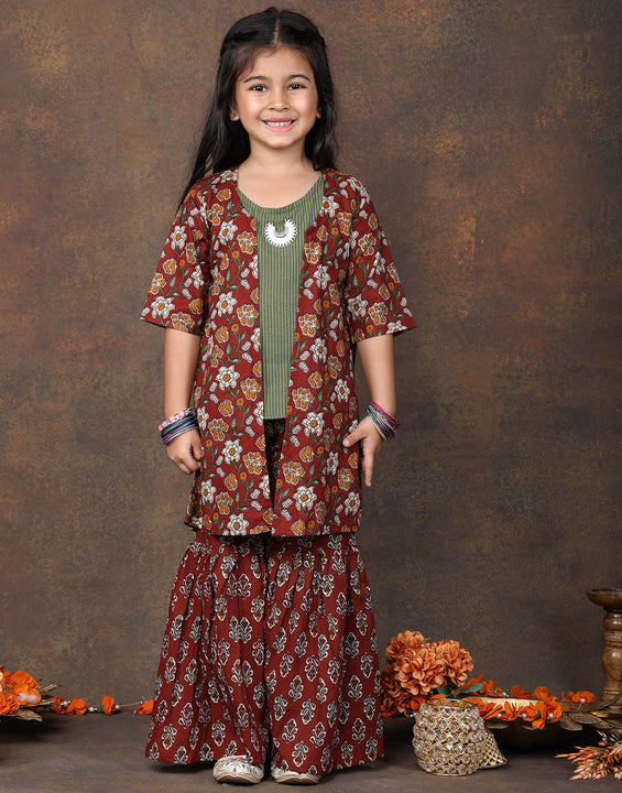 Green katha sleeveless kurti with Floral sharara and jacket