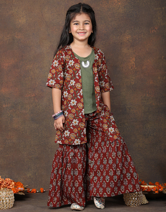 Green katha sleeveless kurti with Floral sharara and jacket