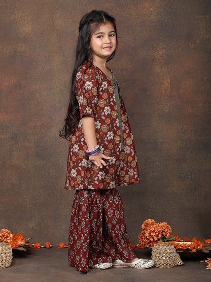Green katha sleeveless kurti with Floral sharara and jacket