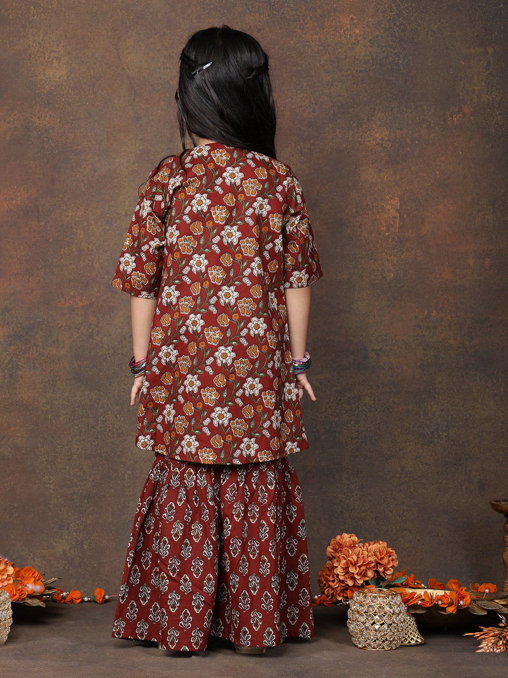 Green katha sleeveless kurti with Floral sharara and jacket