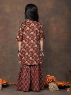 Green katha sleeveless kurti with Floral sharara and jacket