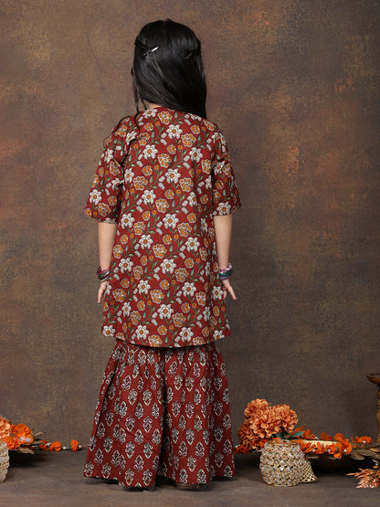 Green katha sleeveless kurti with Floral sharara and jacket