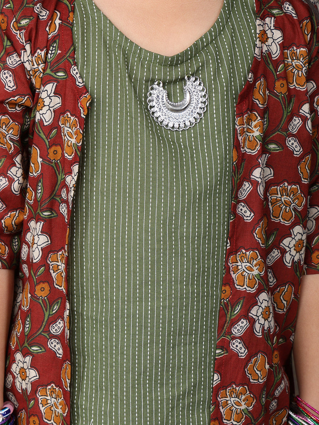 Green katha sleeveless kurti with Floral sharara and jacket