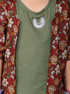 Green katha sleeveless kurti with Floral sharara and jacket