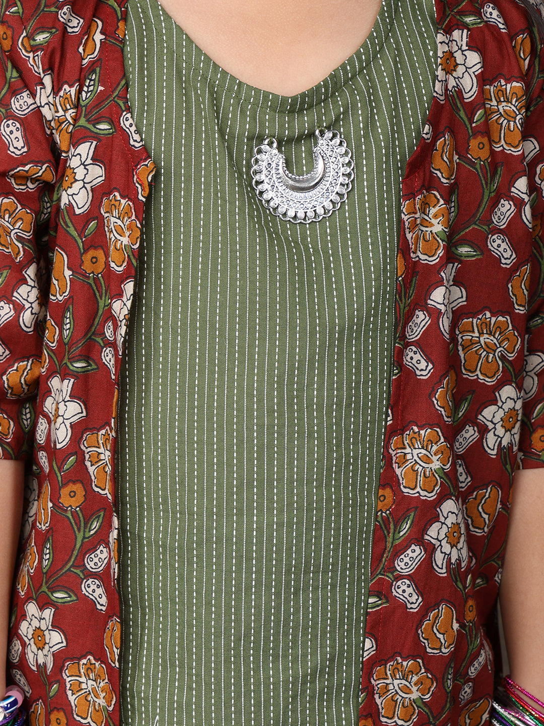 Green katha sleeveless kurti with Floral sharara and jacket