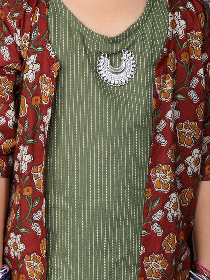 Green katha sleeveless kurti with Floral sharara and jacket