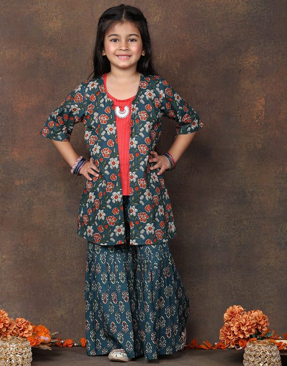 Red katha sleeveless kurti with Floral sharara and jacket