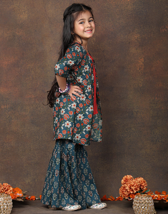 Red katha sleeveless kurti with Floral sharara and jacket