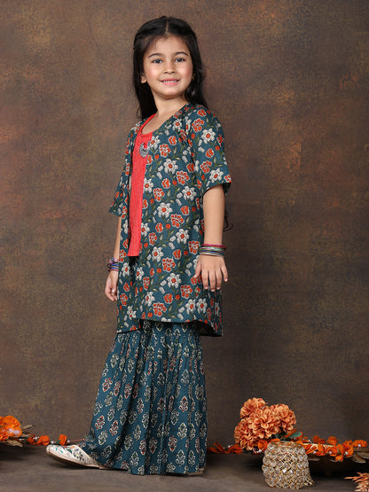 Red katha sleeveless kurti with Floral sharara and jacket