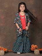 Red katha sleeveless kurti with Floral sharara and jacket