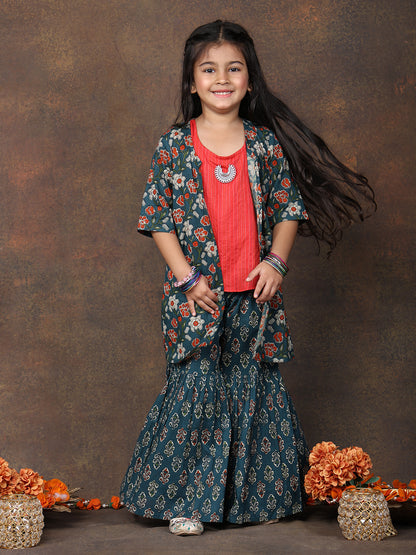 Red katha sleeveless kurti with Floral sharara and jacket