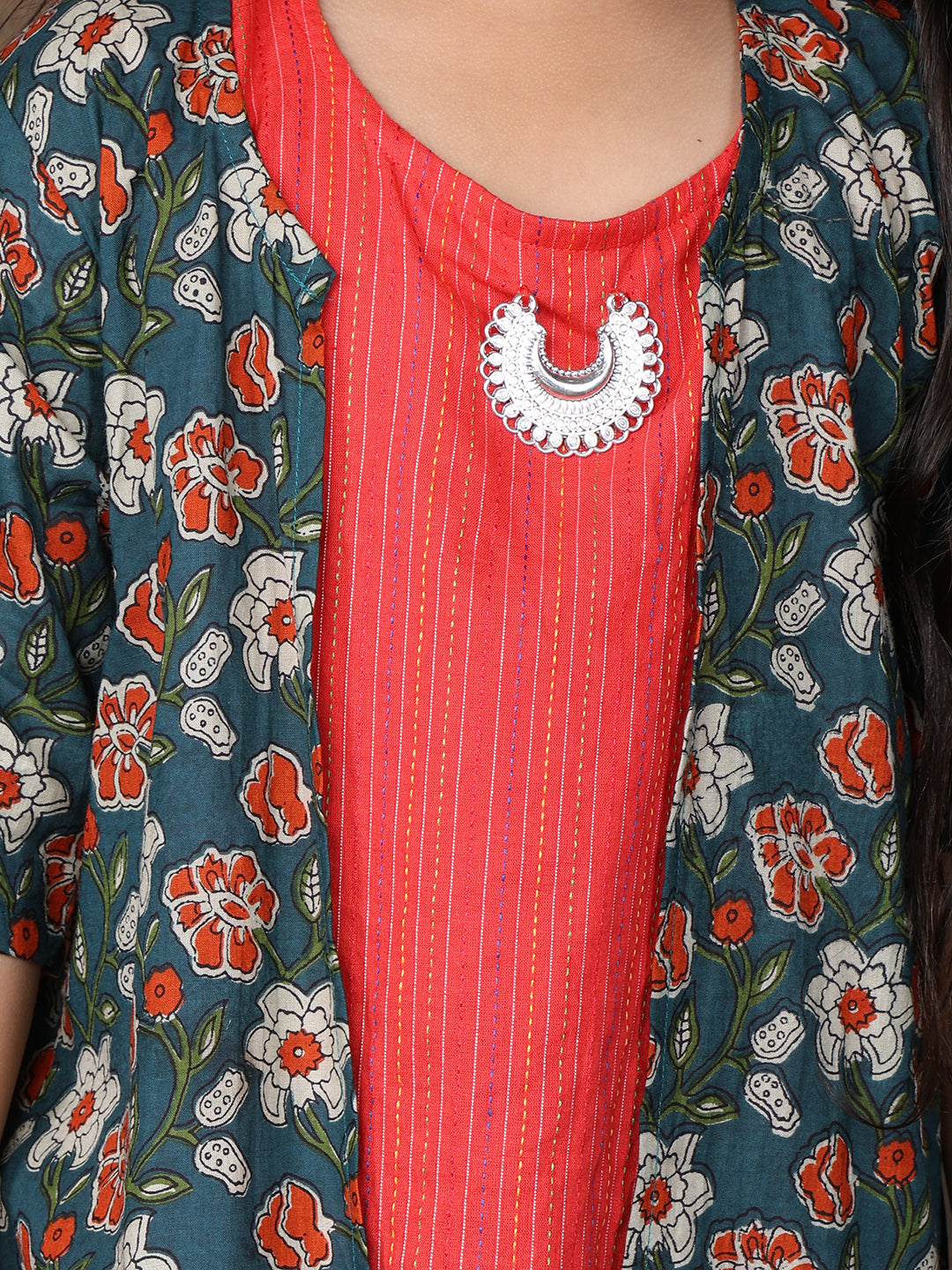 Red katha sleeveless kurti with Floral sharara and jacket