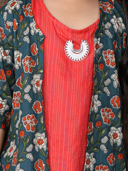 Red katha sleeveless kurti with Floral sharara and jacket