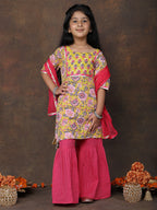 Yellow katha kurti with Pink sharara pant and dupatta