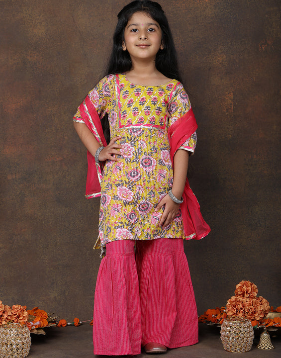 Yellow katha kurti with Pink sharara pant and dupatta