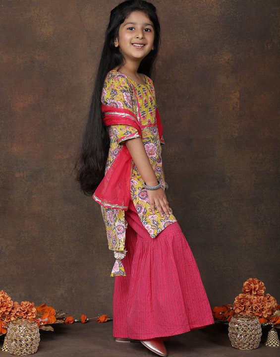 Yellow katha kurti with Pink sharara pant and dupatta
