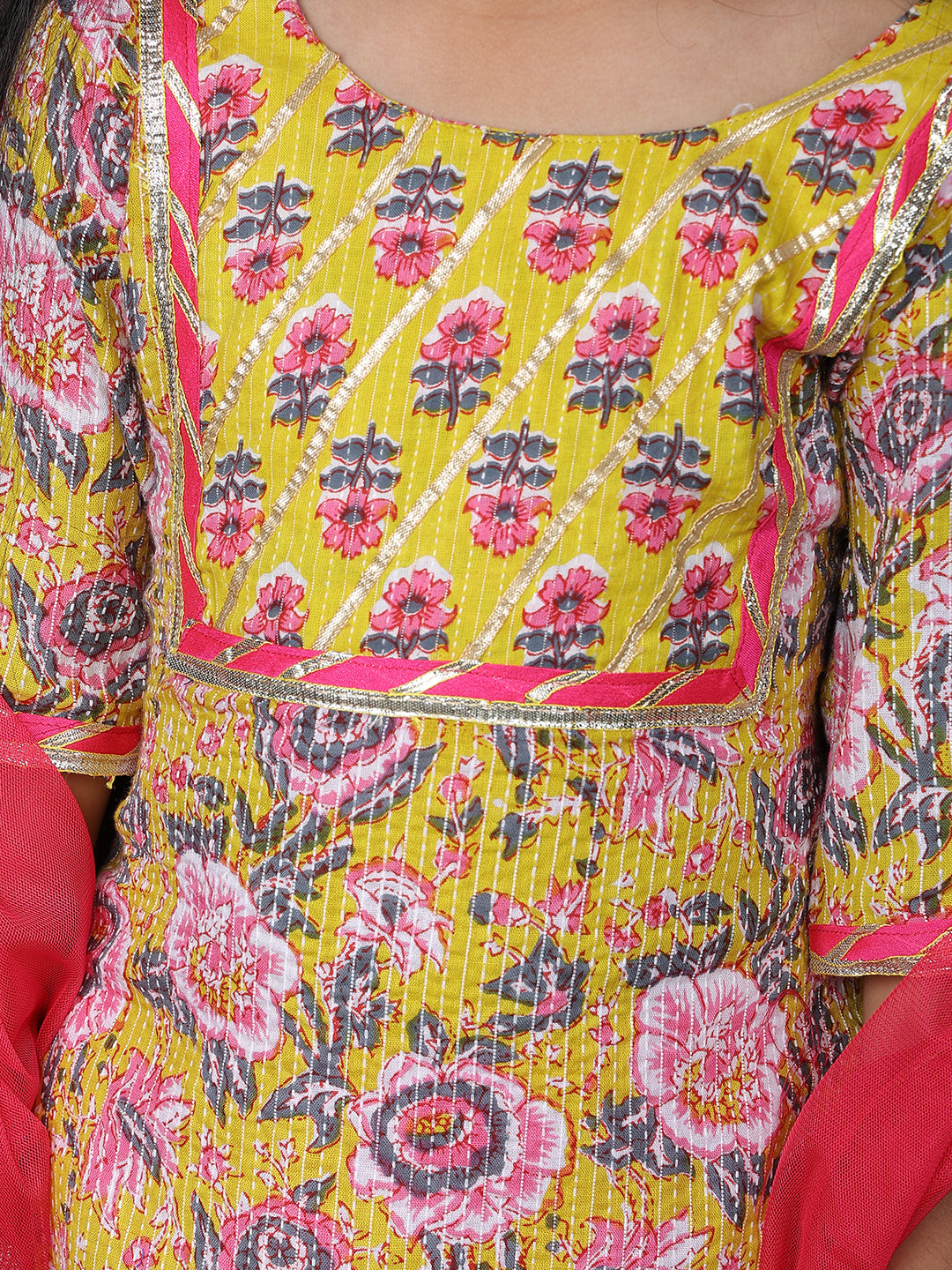 Yellow katha kurti with Pink sharara pant and dupatta
