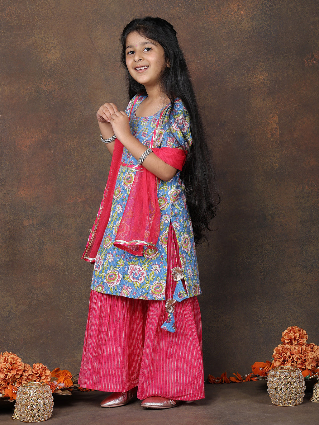 Blue 3/4 sleeves printed Kurti with Pink sharara pant and dupatta