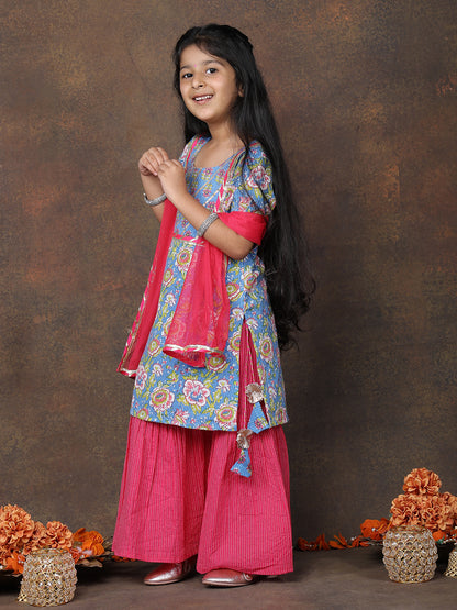 Blue 3/4 sleeves printed Kurti with Pink sharara pant and dupatta