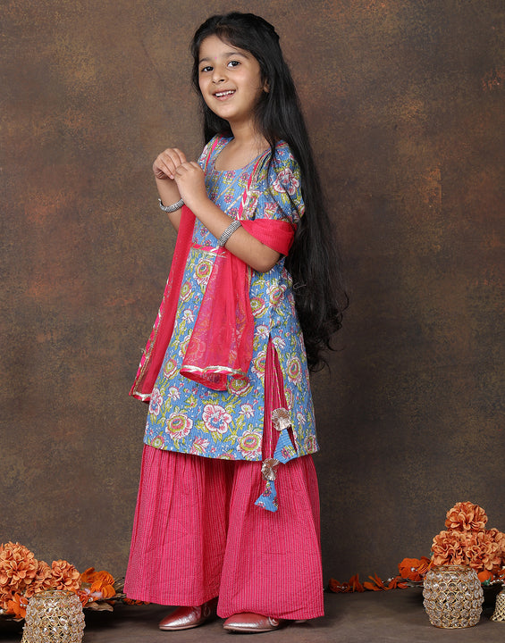 Blue 3/4 sleeves printed Kurti with Pink sharara pant and dupatta