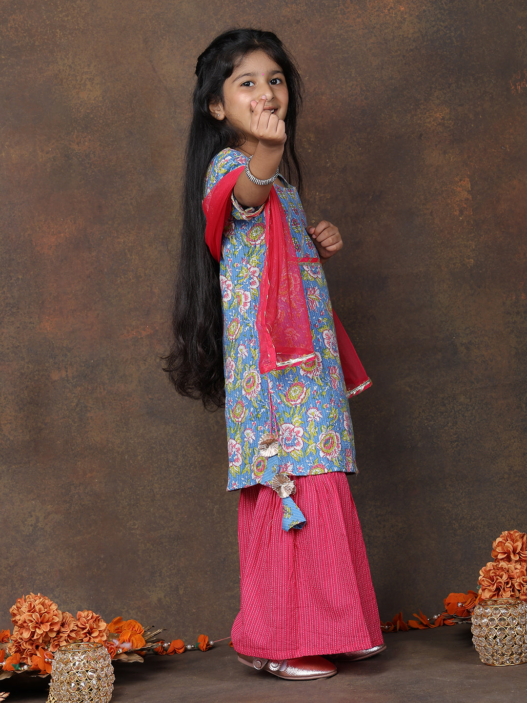 Blue 3/4 sleeves printed Kurti with Pink sharara pant and dupatta