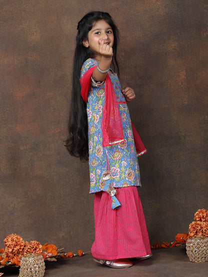 Blue 3/4 sleeves printed Kurti with Pink sharara pant and dupatta