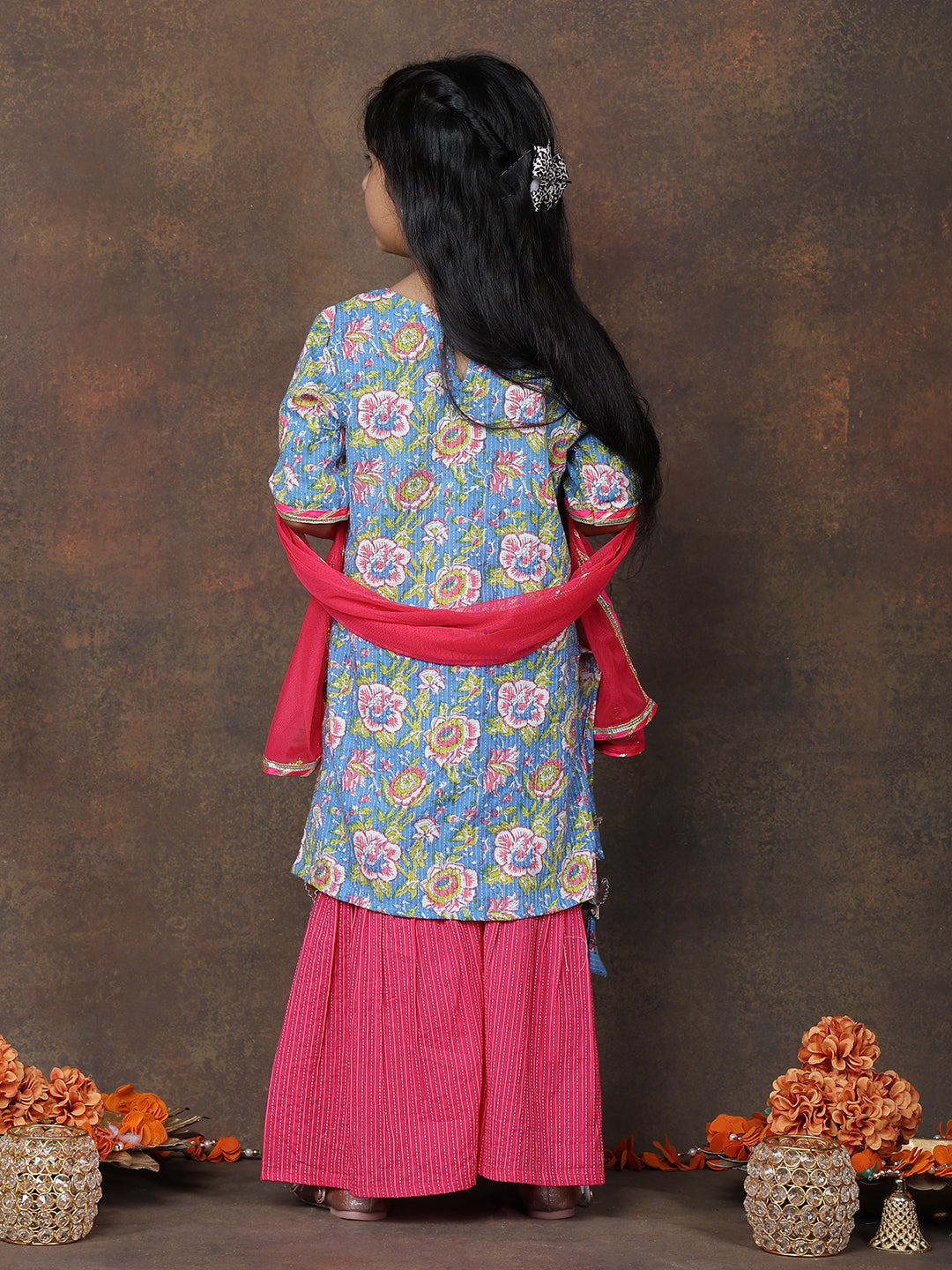 Blue 3/4 sleeves printed Kurti with Pink sharara pant and dupatta