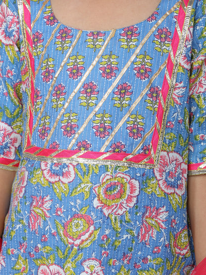 Blue 3/4 sleeves printed Kurti with Pink sharara pant and dupatta