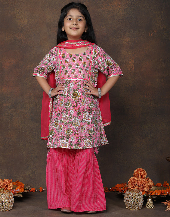 Pink Katha Kurti with Pink sharara pant and dupatta